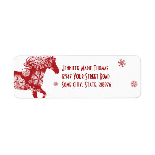 Étiquette Cheval de Noël des flocons rouges et blancs