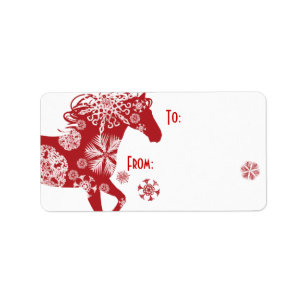 Étiquette Cheval de Noël des flocons rouges et blancs