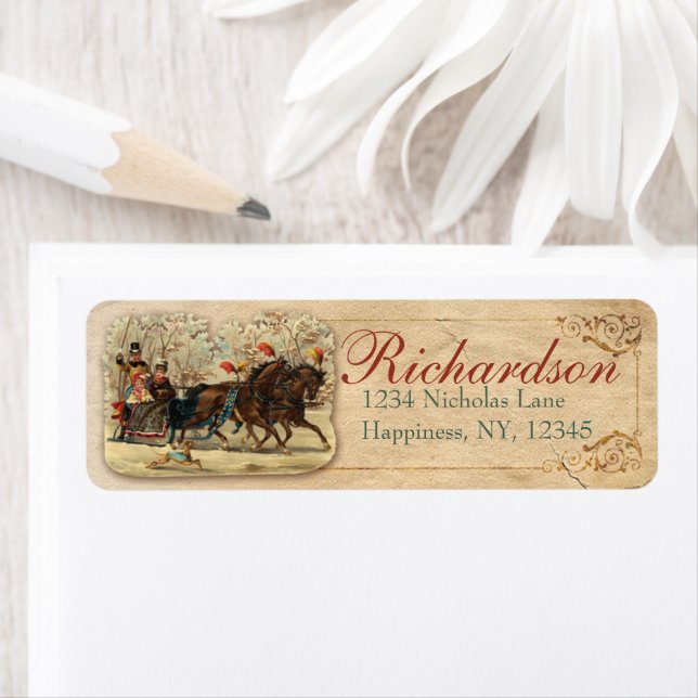 Étiquette Cheval et Sleigh Antique Victorienne Noël Vieux (En situation)