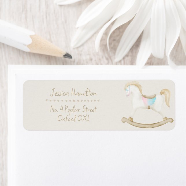 Étiquette Cheval Rocher bleu rose Baby shower neutre pour le (En situation)