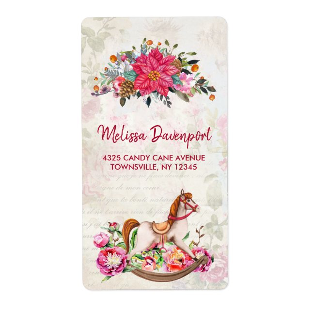 Étiquette Cheval rocheux victorien et Poinsettia Noël (Devant)