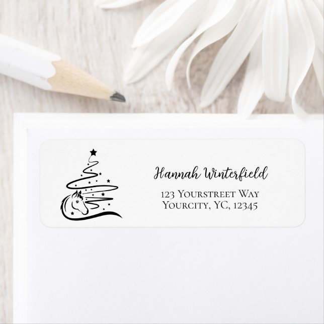 Étiquette Cheval sapin de Noël noir et blanc Equestre (En situation)