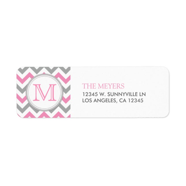 Étiquette Chevron moderne rose et gris avec Monogramme (Devant)