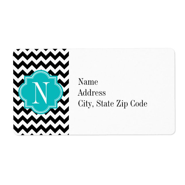 Étiquette Chevron noir et blanc avec Monogramme Turquoise (Devant)