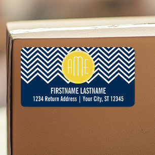 Étiquette Chevrons bleu marine avec Monogramme jaune personn
