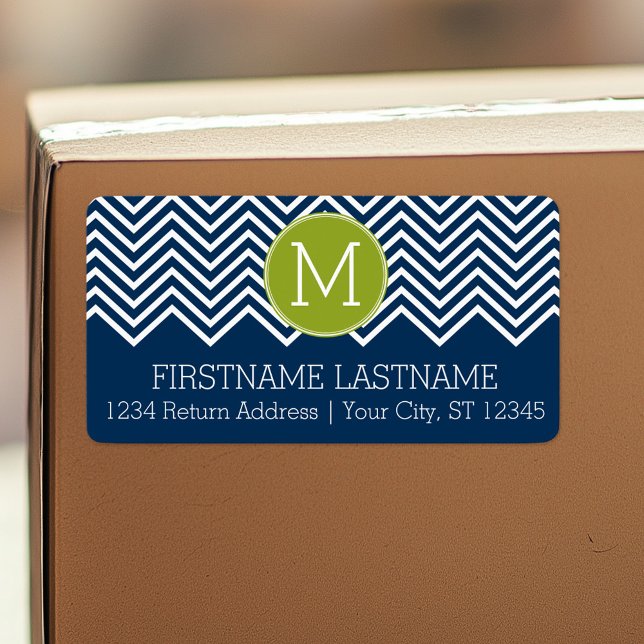 Étiquette Chevrons bleu marine et vert citron Monogramme per (Personalized return address label)
