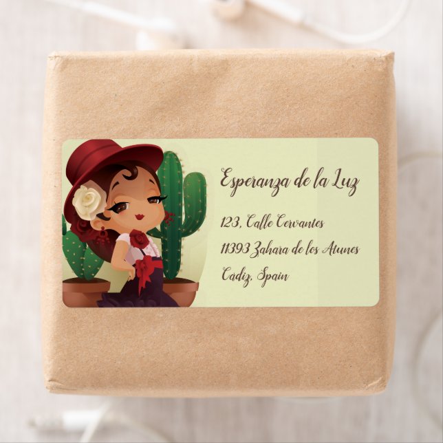 Étiquette Chibi flamenco en espagnol casquette et cactus (En situation)