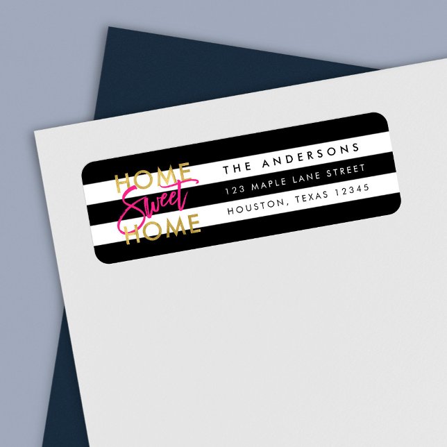 Étiquette Chic Black & White Stripes Gold Home Sweet Home (Créateur téléchargé)