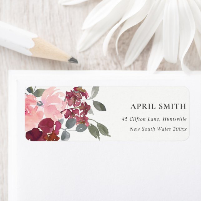 ÉTIQUETTE CHIC BLUSH BURGUNDY WATERCOULEUR ROSE ADRESSE FLOR (En situation)