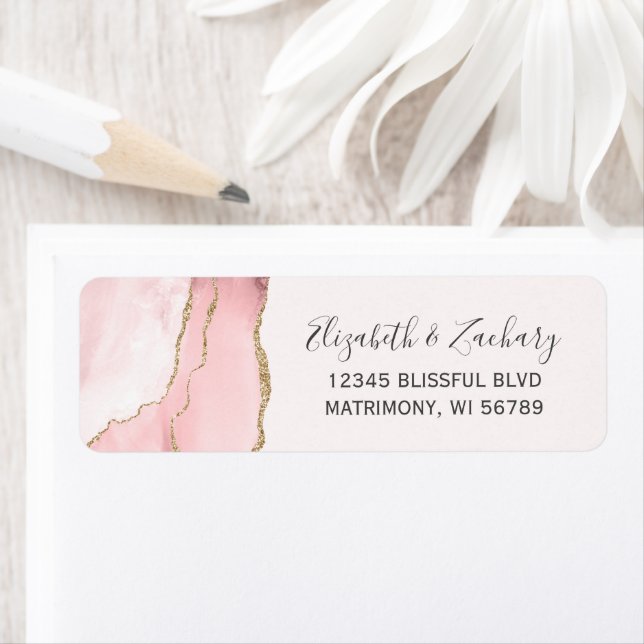 Étiquette Chic Blush Pink Gold Agate Mariage Adresse de reto (En situation)
