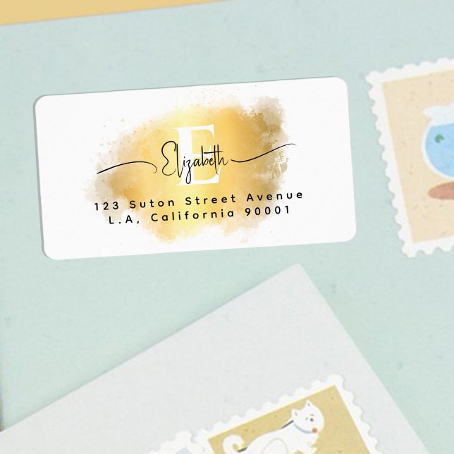 Étiquette Chic Brush Stroke Or Blanc Monogramme Noir Script (Créateur téléchargé)