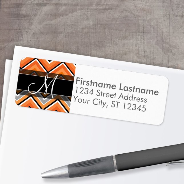 Étiquette Chic Chevron Motif noir gris orange monogramme (Custom Return Address Labels - Low Minimum)