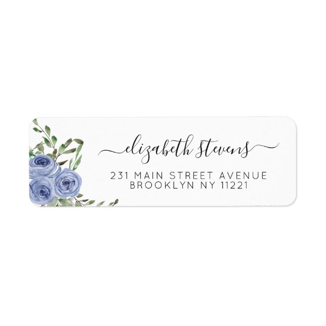Étiquette Chic Floral Dusty Blue Watercolor Rose Script (Devant)