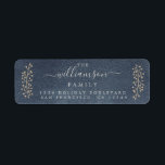 Étiquette Chic Gold Sprig Blue Christmas Adresse de retour<br><div class="desc">Chic rustique simple vacances de Noël étiquette d'adresse de retour avec des sprigs de baies d'or et votre nom dans un script élégant sur un arrière - plan d'aquarelle bleu foncé. Ajoutez simplement votre nom et votre adresse. Conçu exclusivement pour vous par Happy Dolphin Studio.</div>