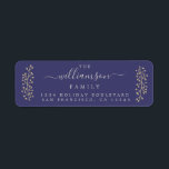 Étiquette Chic Gold Sprig Blue Christmas Adresse de retour<br><div class="desc">Chic rustique simple vacances de Noël étiquette d'adresse de retour avec des sprigs de baies d'or et votre nom en écriture élégante sur un arrière - plan bleu marine. Ajoutez simplement votre nom et votre adresse. Conçu exclusivement pour vous par Happy Dolphin Studio.</div>