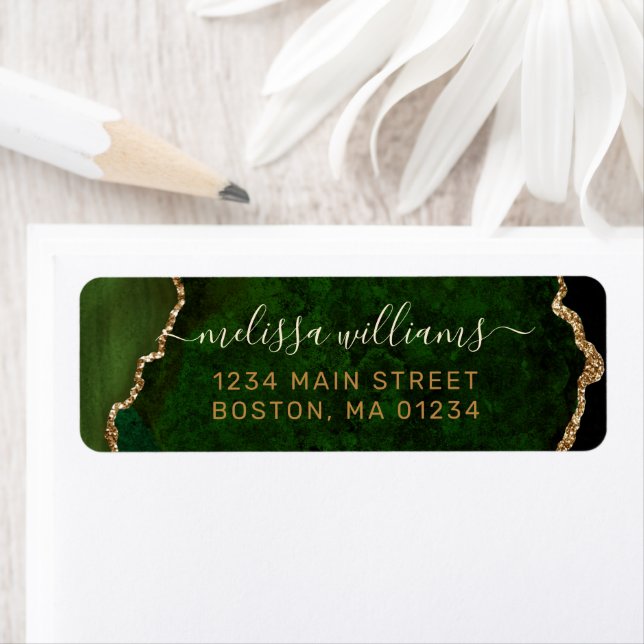 Étiquette Chic Green Gold Parties scintillant Agate Monogram (En situation)