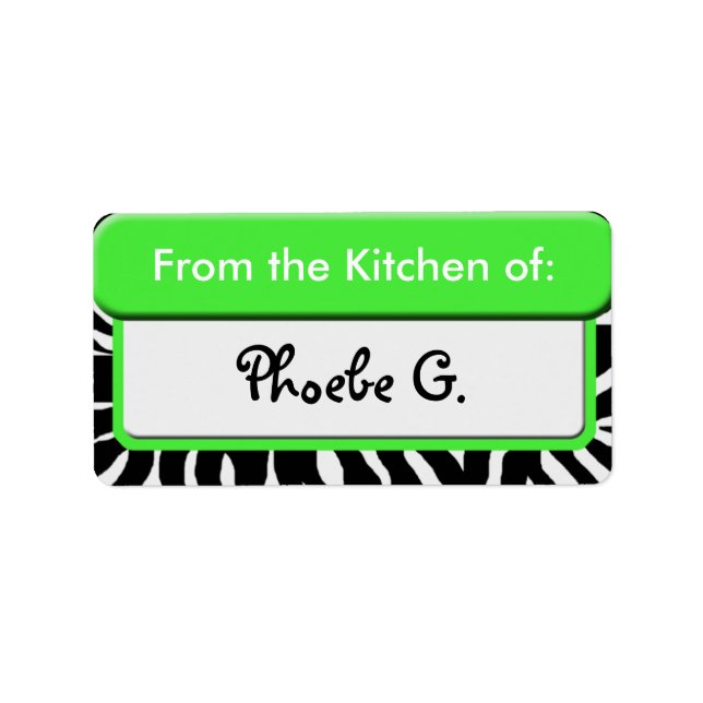 Étiquette Chic Green Zebra Imprimer "From the Kitchen" Étiqu (Devant)