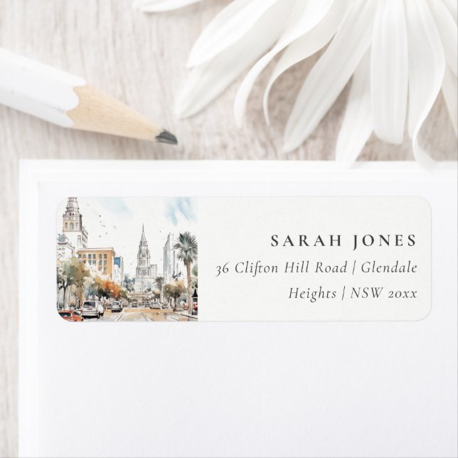Étiquette Chic Orlando Florida Skyline Watercolor Adresse (En situation)
