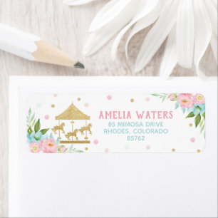 Étiquette Chic Pink Mint Floral Carousel fête d'anniversaire