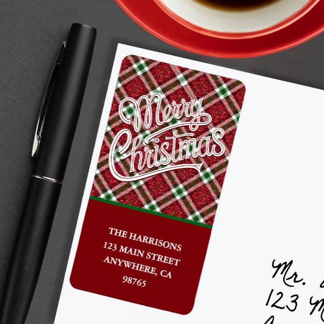Étiquette Chic Plaid Pailleté Joyeux Noël Adresse de Retour (Chic faux sparkly plaid Merry Christmas return address labels
)