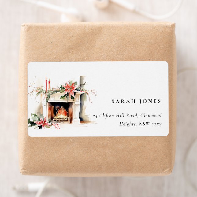 Étiquette Chic Poinsettia cheminée Chaud Noël Adresse (En situation)