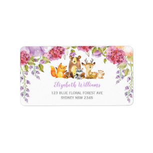 Étiquette Chic Purple Floral Woodland Animaux Retourner Adre