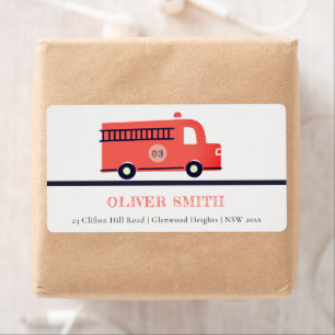 Étiquette Chic Red Navy Fire Truck Engine Anniversaire Adres