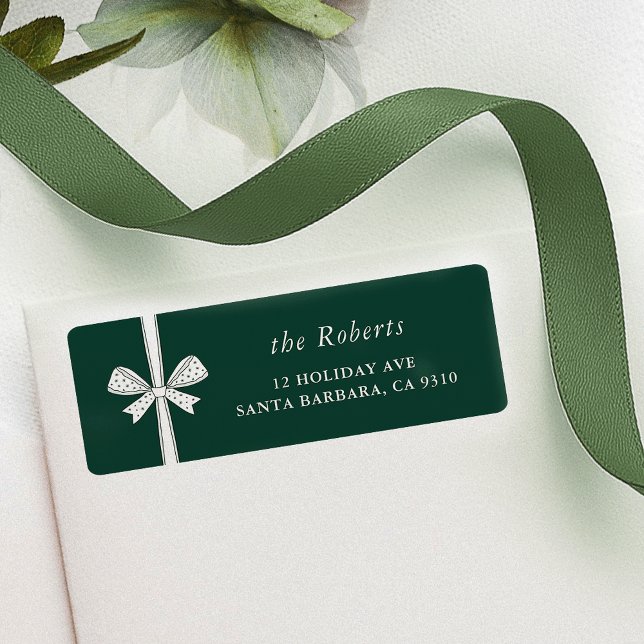 Étiquette Chic Ribbon Bow Pine vert minimaliste Noël (elegant ribbon and bow green Christmas return address labels)