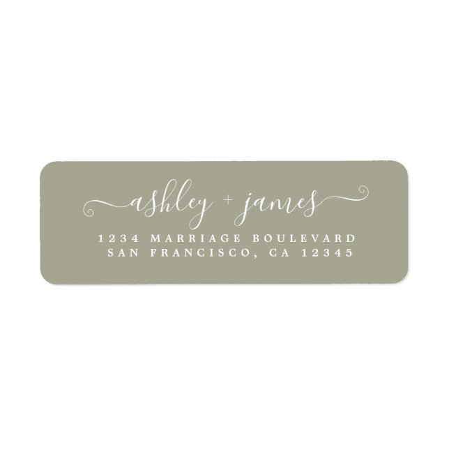 Étiquette Chic Script Moss Grey Mariage Adresse de retour (Devant)