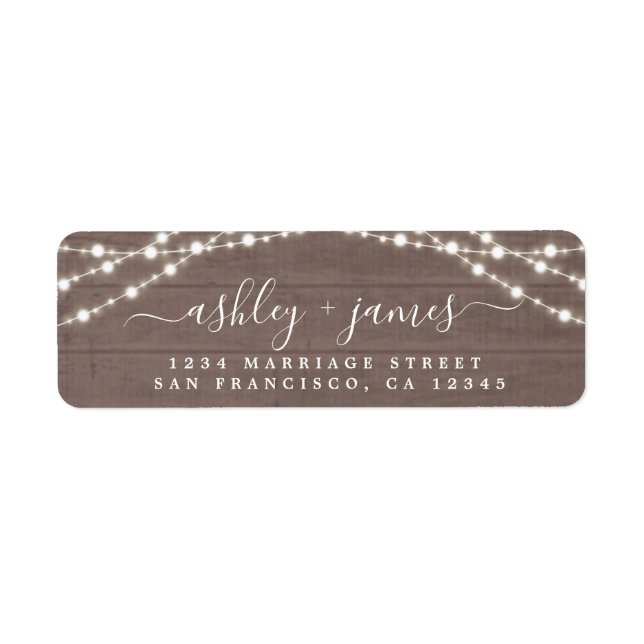 Étiquette Chic Script Rustic Lights Mariage Adresse de retou (Devant)