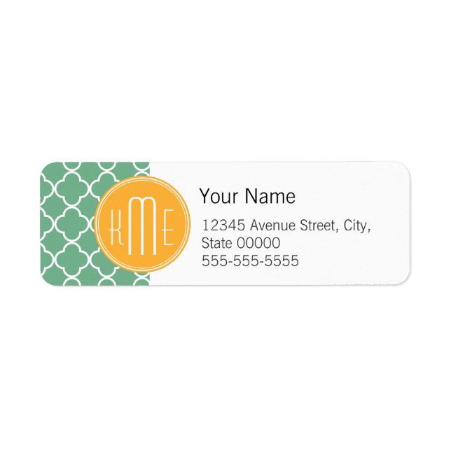 Étiquette Chic Turquoise Quatrefoil vert avec Monogramme Jau (Devant)