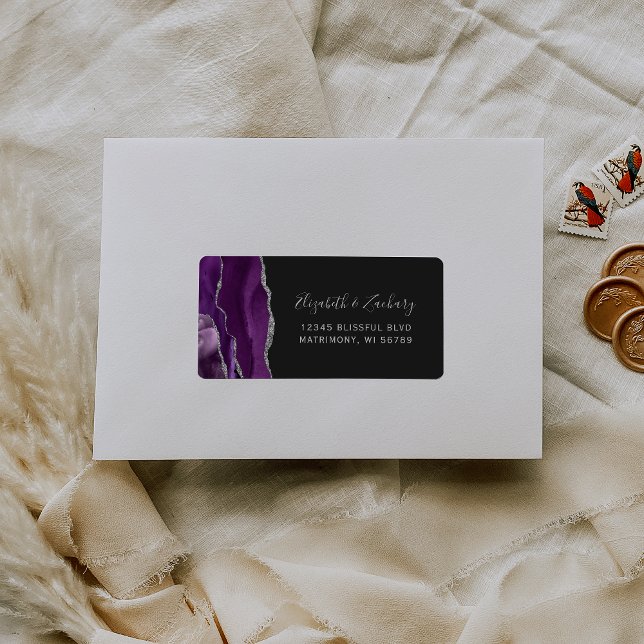 Étiquette Chic Violet Argent Noir Mariage Noir RSVP Auto-Adr (Créateur téléchargé)