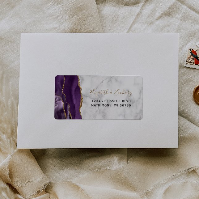 Étiquette Chic Violet Or Marbre Mariage RSVP Auto-Adresse (Créateur téléchargé)