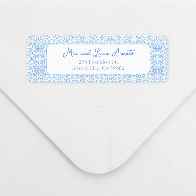 Étiquette Chic Whimsical Blue Carrelage Motif Méditerranée (Bring a chic Mediterranean vibe to your invites with this blue tile pattern address label.)