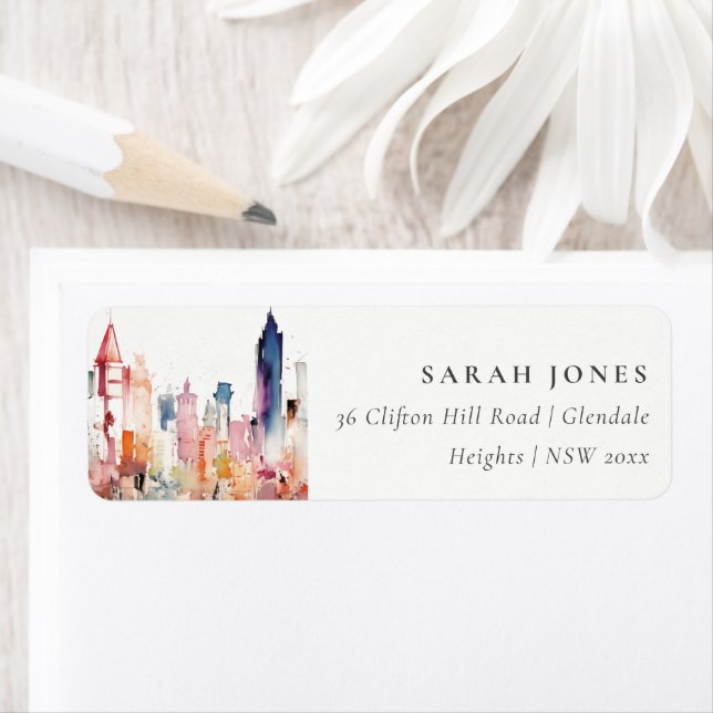 Étiquette Chicago Illinois Watercolor Landscape Address (En situation)