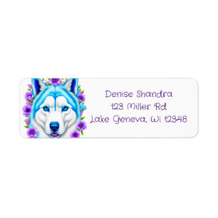 Étiquette Chien Husky avec yeux et fleurs bleus