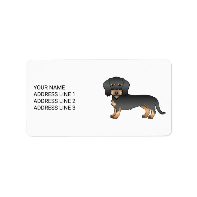 Étiquette Chien teckel à poil dur noir et feu avec texte (Devant)