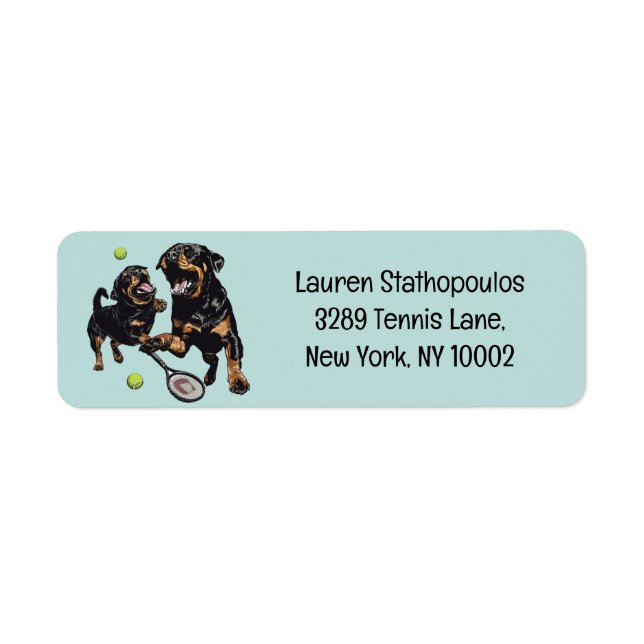 Étiquette Chiens mignons Rottweiler jouant au tennis (Devant)