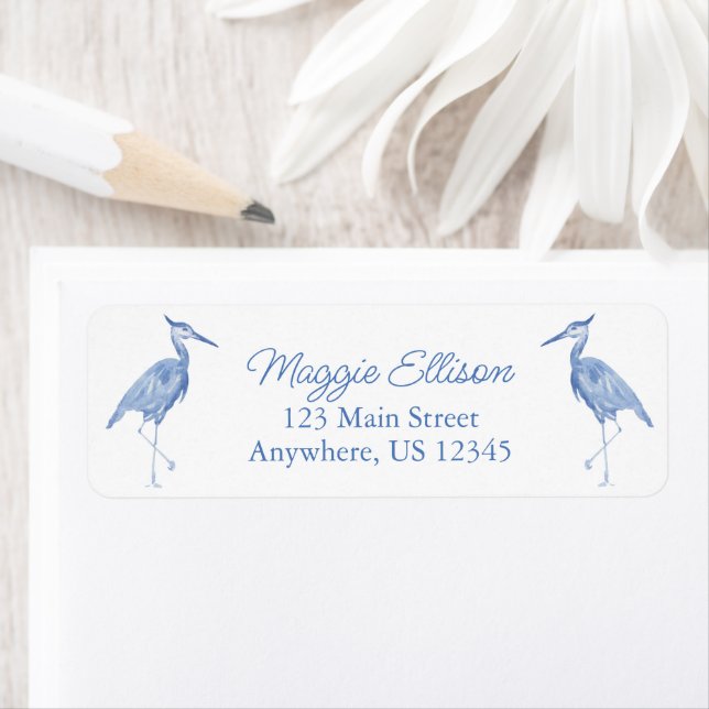 Étiquette Chinoiserie Watercolor Blue Heron Adresse de retou (En situation)
