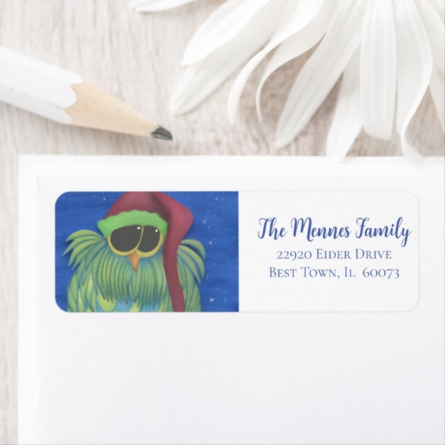 Étiquette Chouette adorable avec chapeau de Santa (En situation)