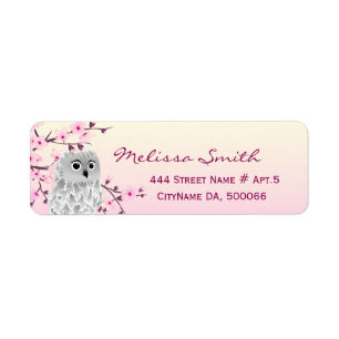 Étiquette Chouette mignonne fleurs de cerisier fleuri rose