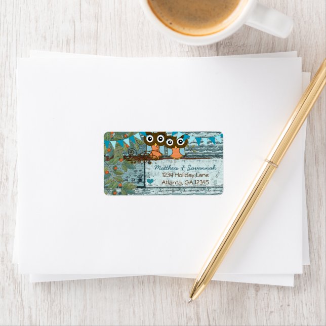 Étiquette Chouettes Inséparables Vintages Rustiques Aqua Bun (En situation)