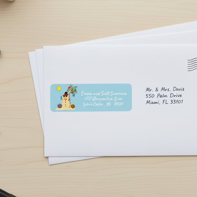 Étiquette Christmas Beach Tropical Snowman Adresse (Créateur téléchargé)