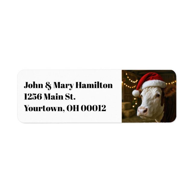 Étiquette Christmas Cow Wearing a Santa Hat (Devant)