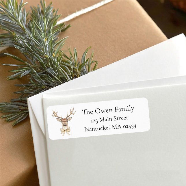 Étiquette Christmas Deer with Bow Adresse de retour (Christmas deer return address label
)