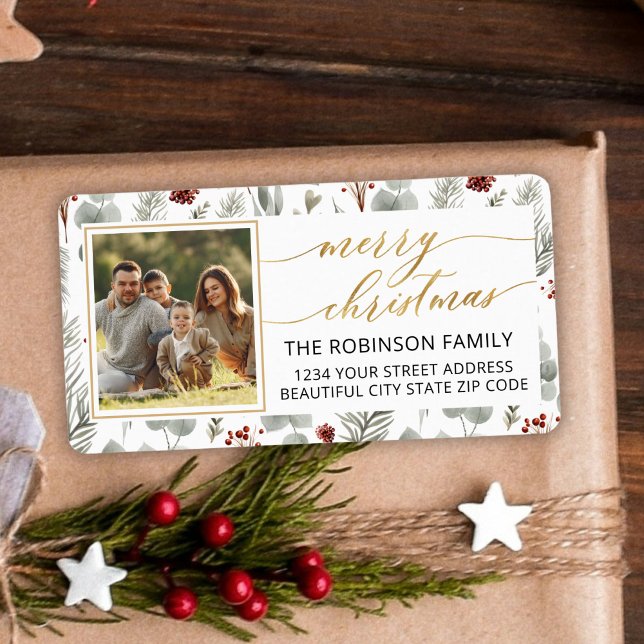 Étiquette Christmas Folift Gold Script Photo Retour Adresse (Créateur téléchargé)