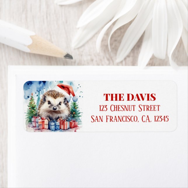 Étiquette Christmas Hat Festive Hedgehog (En situation)