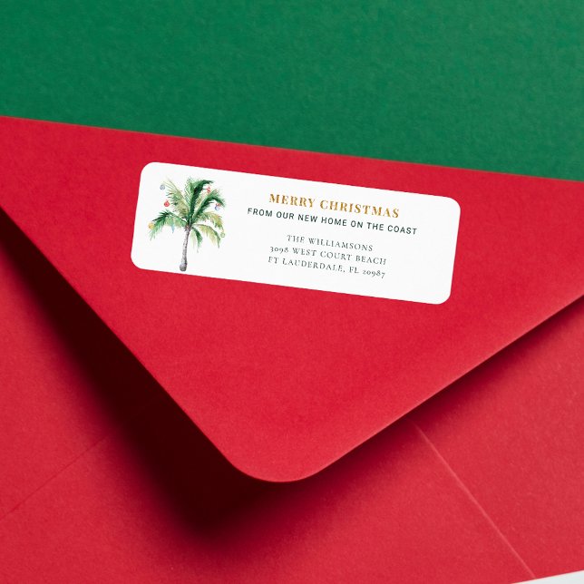 Étiquette Christmas Holidays Palm Tree Retours Adresse (Merry Christmas Palm Tree Coastal Home Return Address Label)