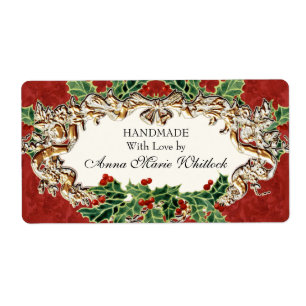 Étiquette Christmas Holly w Gold Look Ruban Damask Cuisine