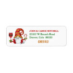 Étiquette Christmas Party Gnome Cheers Return Address Label<br><div class="desc">On the left side of this fun Holiday return address label is a cute gnome elf dressed in a red and gold reindeer pattern Santa hat. He holds a Santa Claus wine glass in one hand, and a red and white striped candy cane in the other. Your name and address...</div>